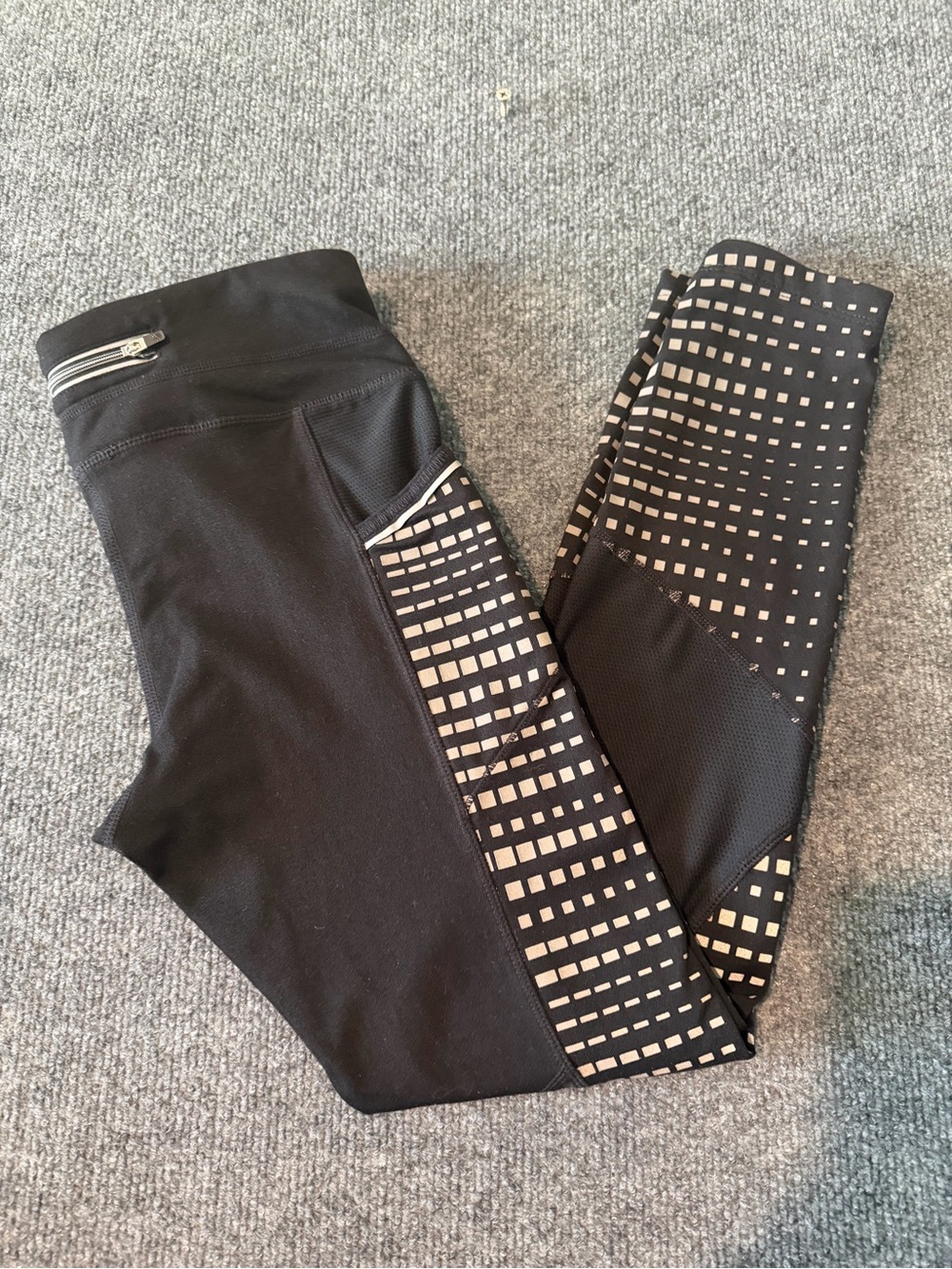 Athleta Black Leggings with Beige Grid Panels